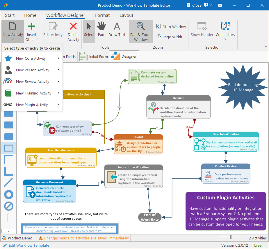 The HR Manage workflow designer showing an onboarding template with form, sign-off, decision, generate document and sub-workflow activities
