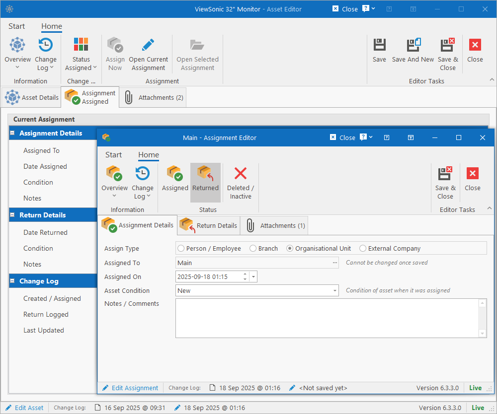 The HR Manage asset assignment editor showing the assignee, the assignment date, the condition and the issue checklist