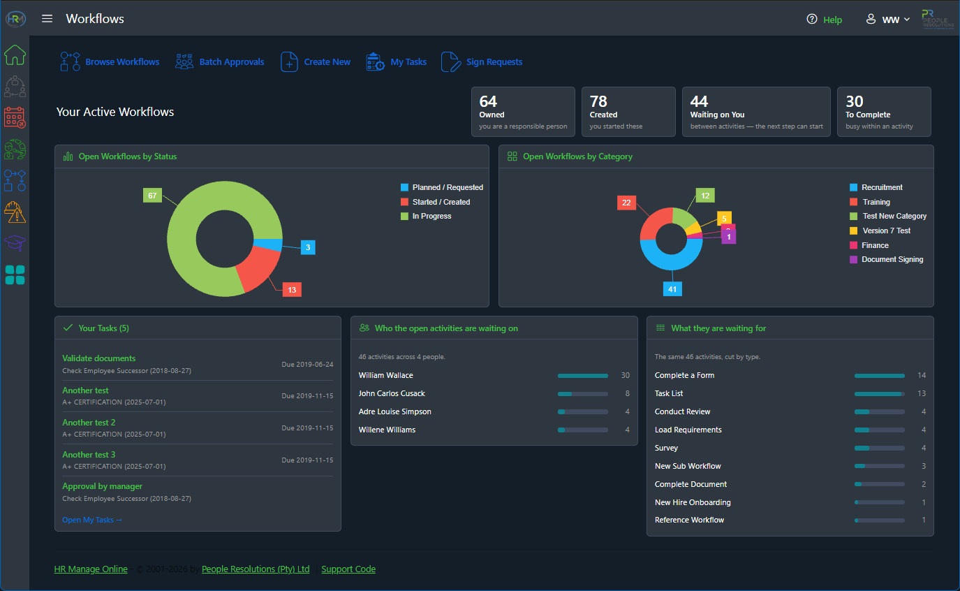 HR Manage web app Workflows home in a dark theme with green accents