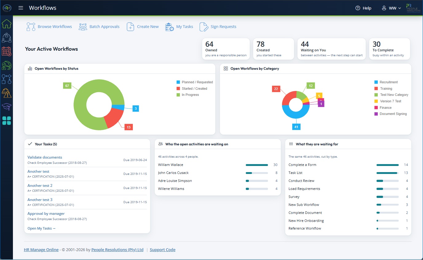 HR Manage web app Workflows home in a light theme with rounded cards and a dark sidebar
