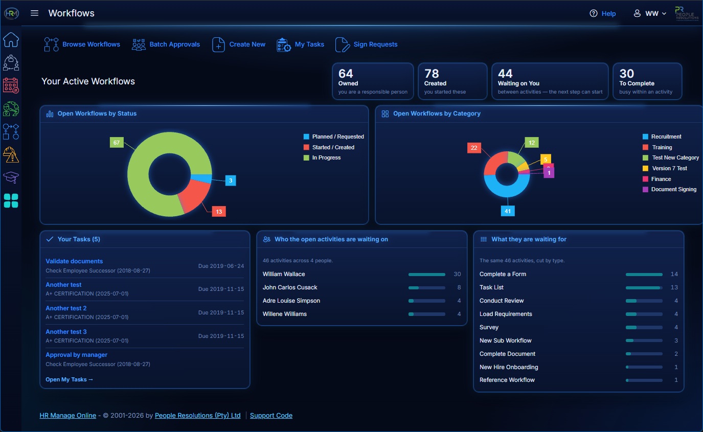 HR Manage web app Workflows home in a navy theme with glowing panels