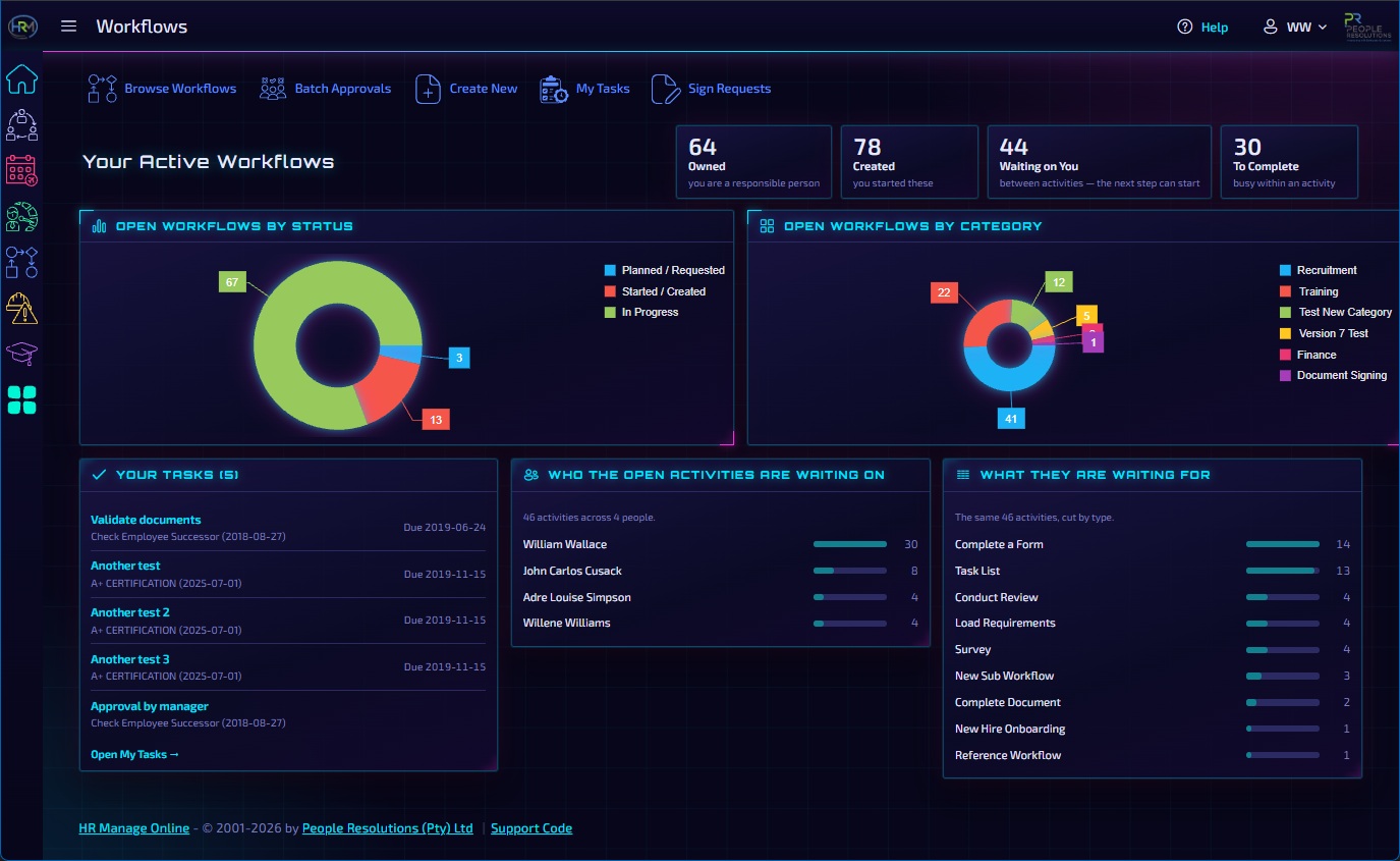 HR Manage web app Workflows home in a neon theme with a display font